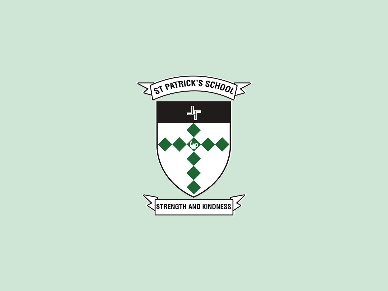 The St Patrick's School crest: a shield with a cross of green diamonds, the school name above and the motto Strength and Kindness below